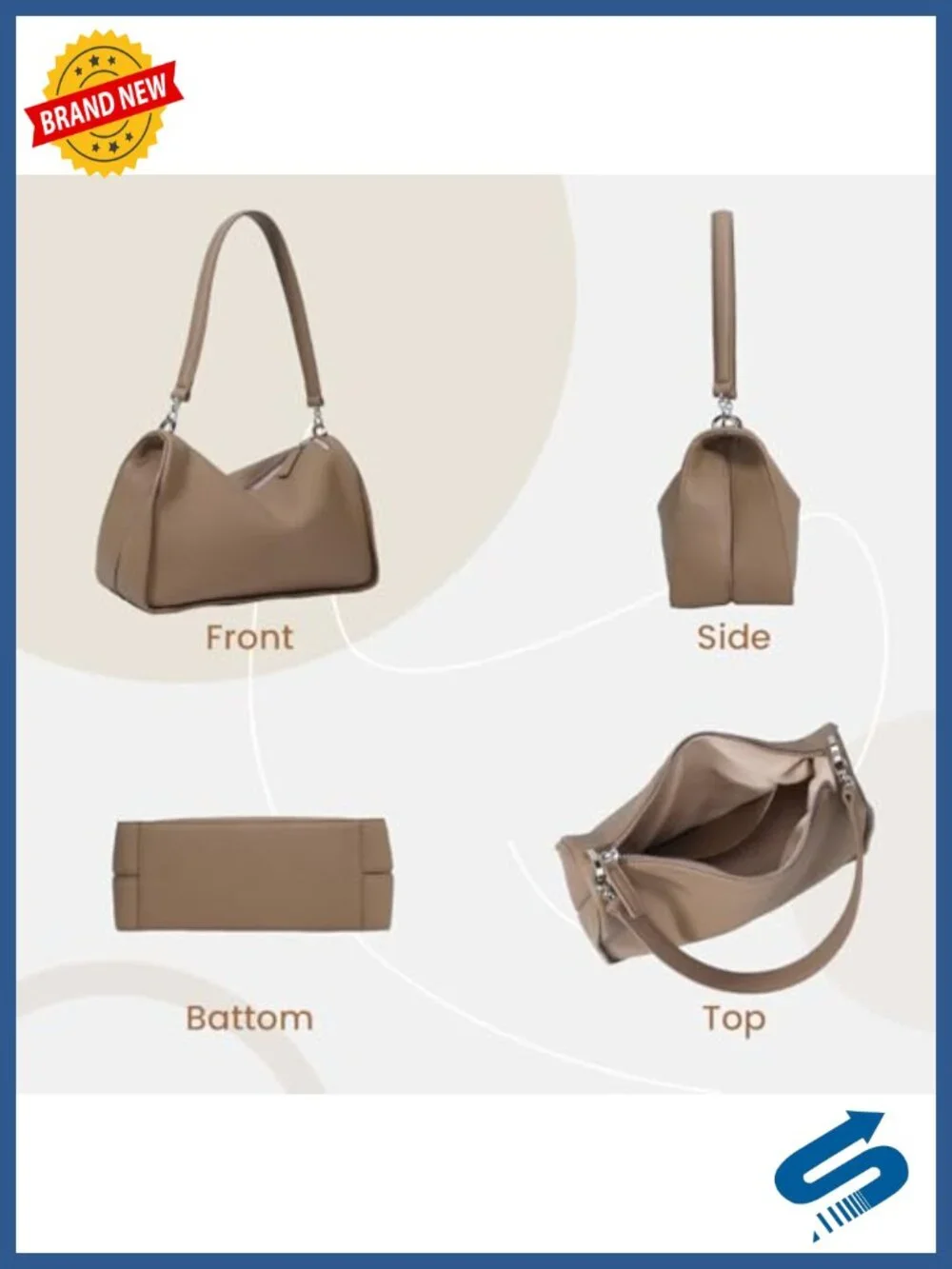 Women's Full-Grain Leather Hobo Bag with Adjustable Strap, Zipper Closure